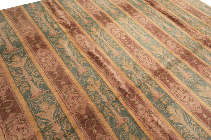 8x10 Blush, Aqua, Gold Color Hand Knotted Tibetan Wool Transitional Oriental Rug