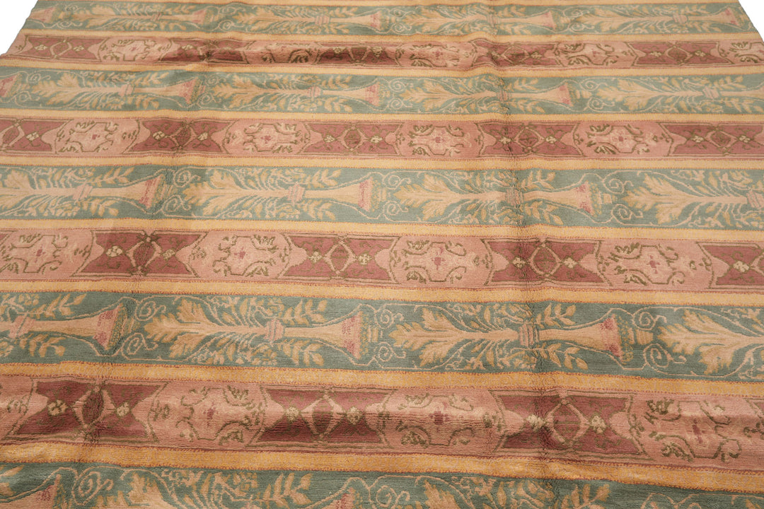 8x10 Blush, Aqua, Gold Color Hand Knotted Tibetan Wool Transitional Oriental Rug