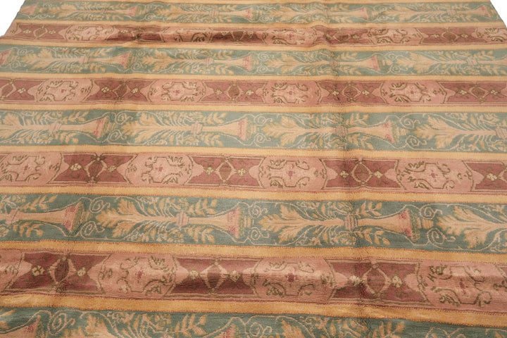 8x10 Blush, Aqua, Gold Color Hand Knotted Tibetan Wool Transitional Oriental Rug
