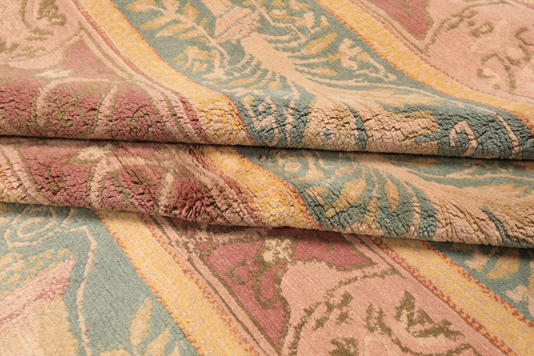8x10 Blush, Aqua, Gold Color Hand Knotted Tibetan Wool Transitional Oriental Rug