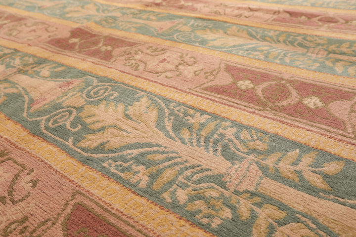 8x10 Blush, Aqua, Gold Color Hand Knotted Tibetan Wool Transitional Oriental Rug