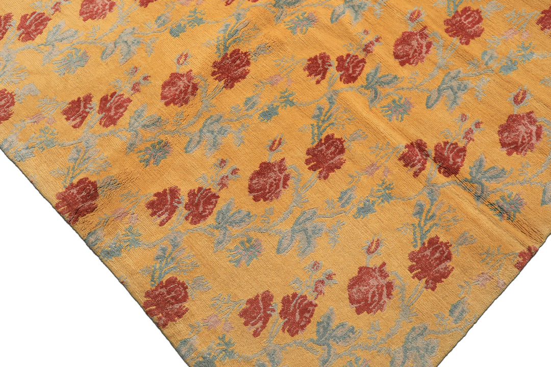 8x10 Gold, Blue, Rust Color Hand Knotted Tibetan Wool Transitional Oriental Rug