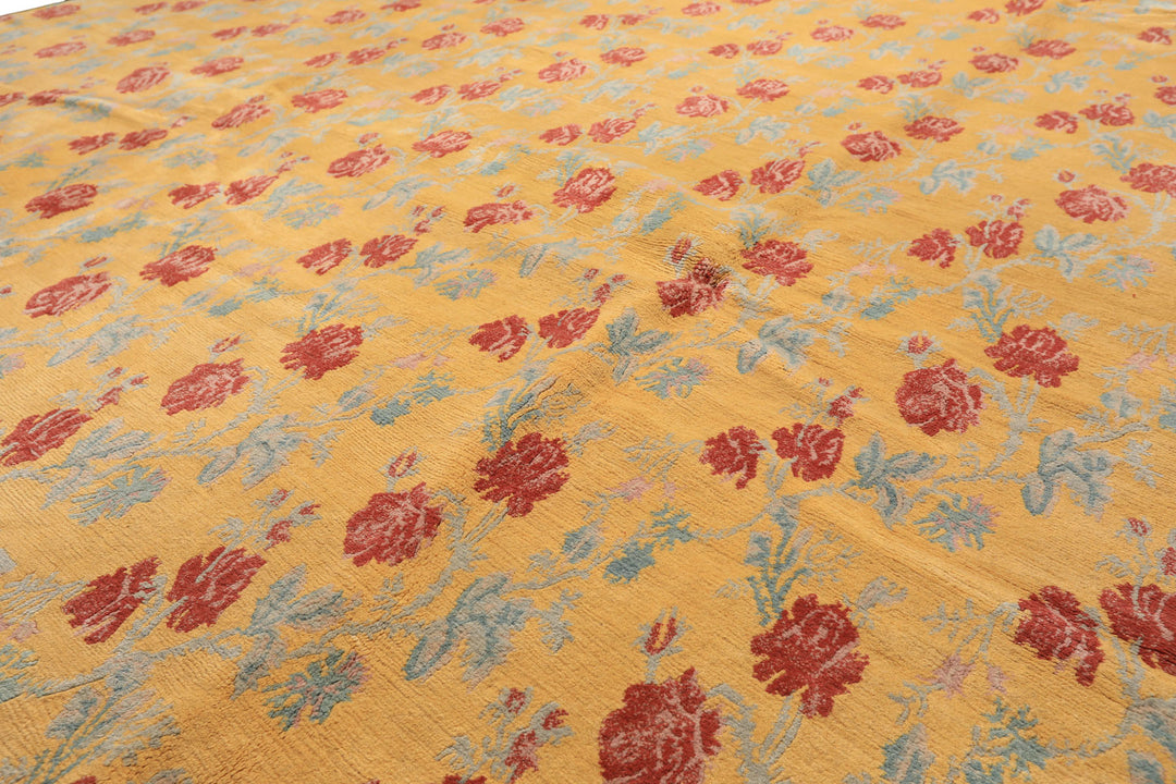 8x10 Gold, Blue, Rust Color Hand Knotted Tibetan Wool Transitional Oriental Rug