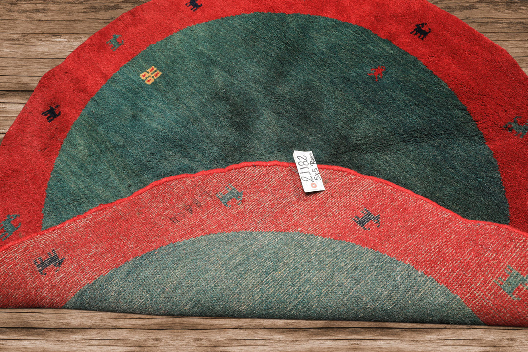 Round Green, Red, Gold Color Hand Knotted Gabbeh Wool Modern &amp; Contemporary Oriental Rug