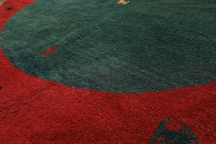 Round Green, Red, Gold Color Hand Knotted Gabbeh Wool Modern &amp; Contemporary Oriental Rug
