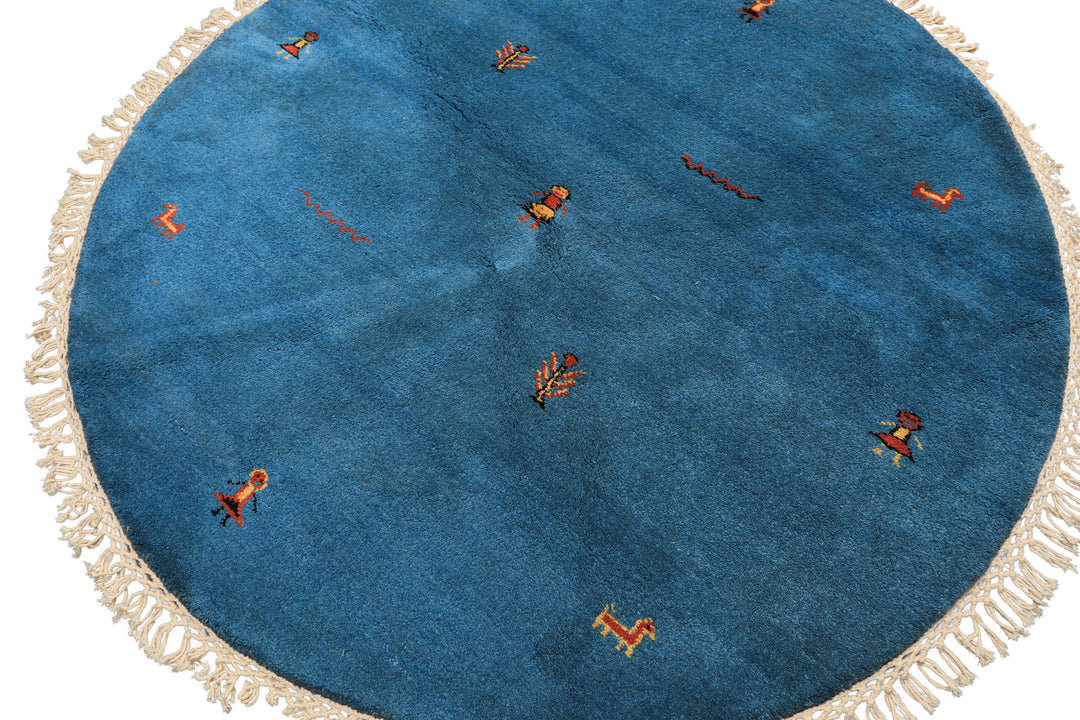 Round Aqua, Gold, Black Color Hand Knotted Gabbeh Wool Modern &amp; Contemporary Oriental Rug