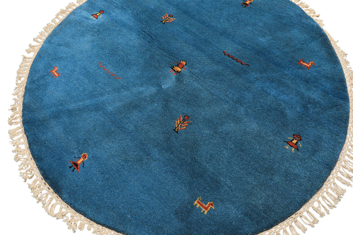 Round Aqua, Gold, Black Color Hand Knotted Gabbeh Wool Modern &amp; Contemporary Oriental Rug