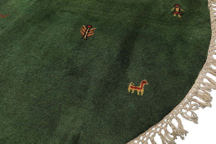 Round Green, Gold, Black Color Hand Knotted Gabbeh Wool Modern &amp; Contemporary Oriental Rug