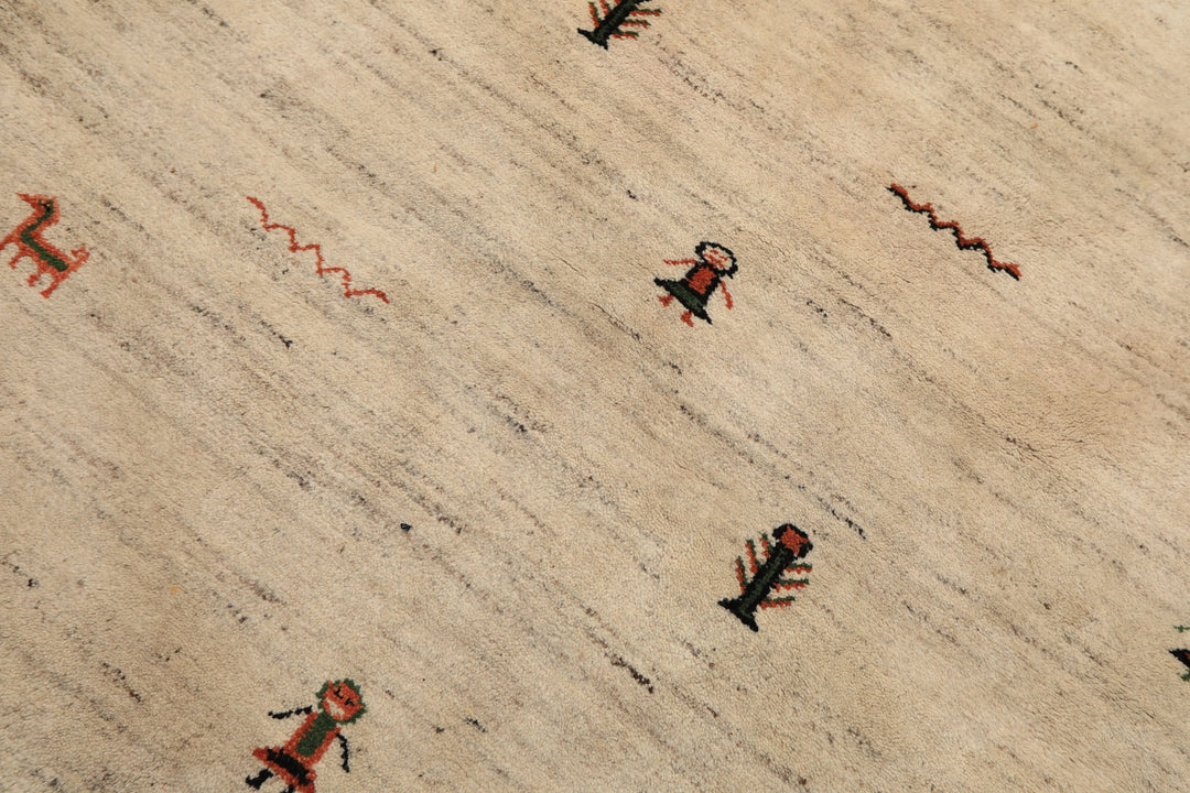 Round Beige, Black, Orange Color Hand Knotted Gabbeh Wool Modern &amp; Contemporary Oriental Rug