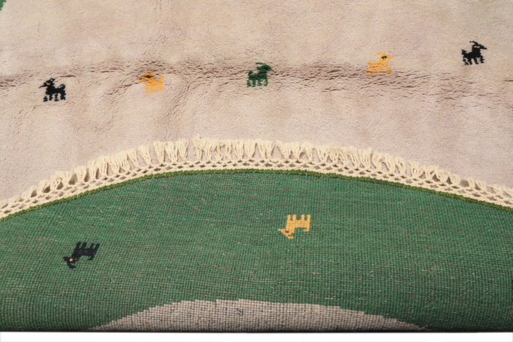 Round Faded Lavender, Green, Gold Color Hand Knotted Gabbeh Wool Modern &amp; Contemporary Oriental Rug