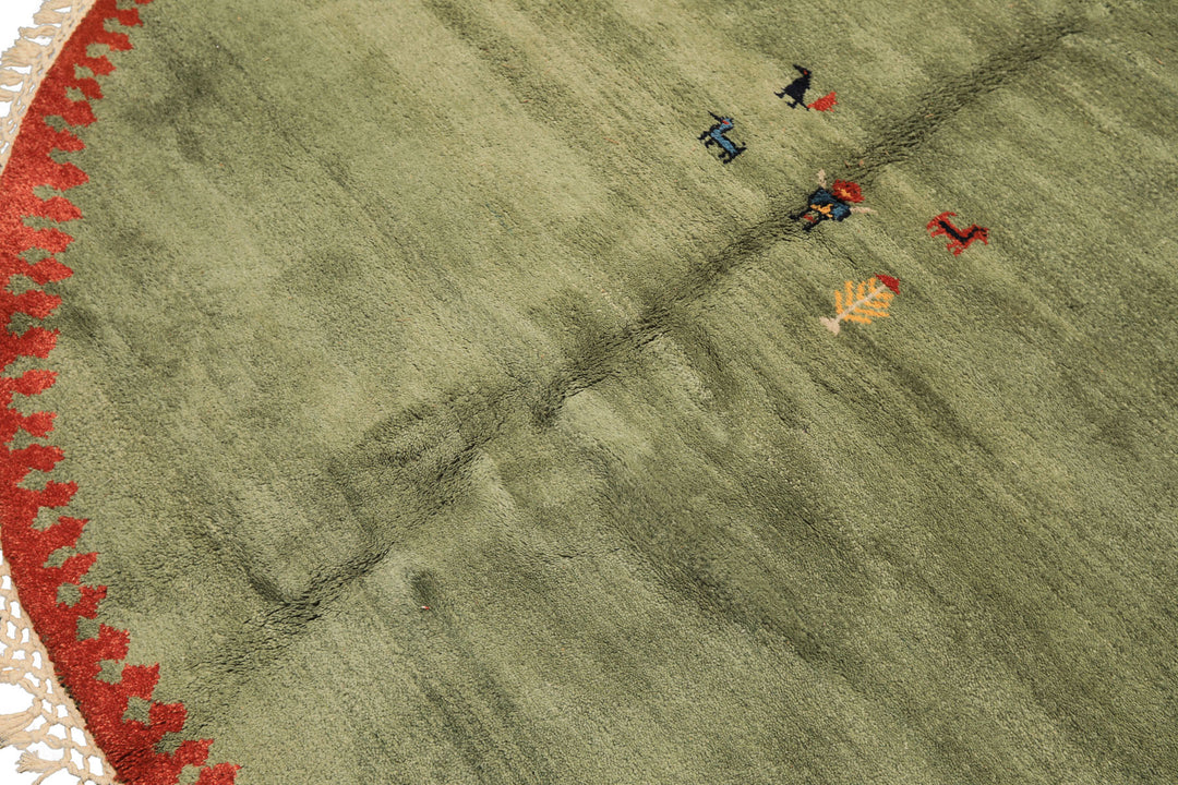 Round Sage, Coral, Burnt Orange Color Hand Knotted Gabbeh Wool Modern &amp; Contemporary Oriental Rug