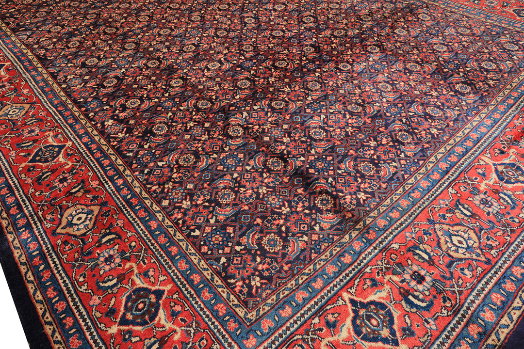 10x14 Navy, Coral, Blue Color Hand Knotted Bidjar Wool Traditional Oriental Rug