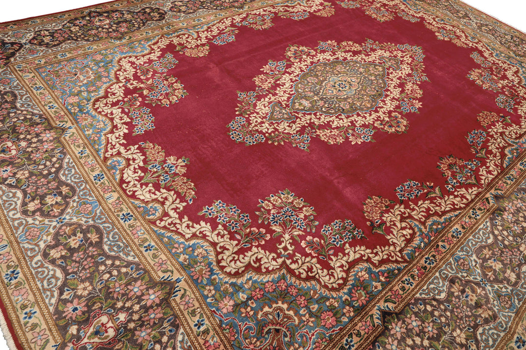 10x14 Coral, Aubergine, Aqua Color Hand Knotted Kerman Wool Traditional Oriental Rug