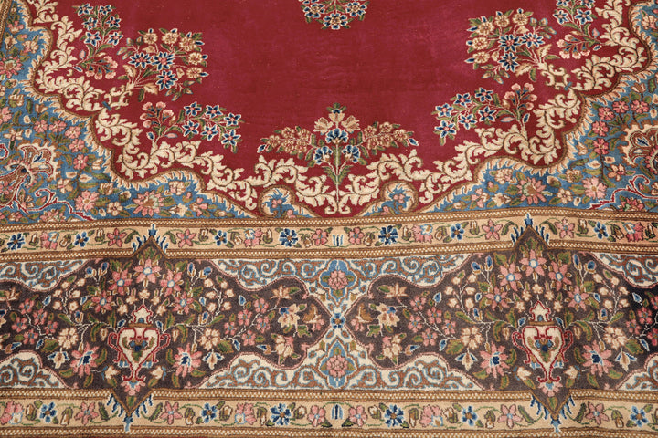 10x14 Coral, Aubergine, Aqua Color Hand Knotted Kerman Wool Traditional Oriental Rug