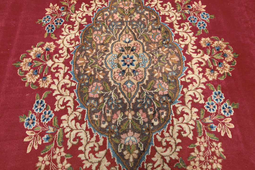 10x14 Coral, Aubergine, Aqua Color Hand Knotted Kerman Wool Traditional Oriental Rug