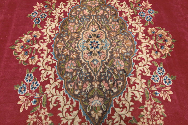10x14 Coral, Aubergine, Aqua Color Hand Knotted Kerman Wool Traditional Oriental Rug
