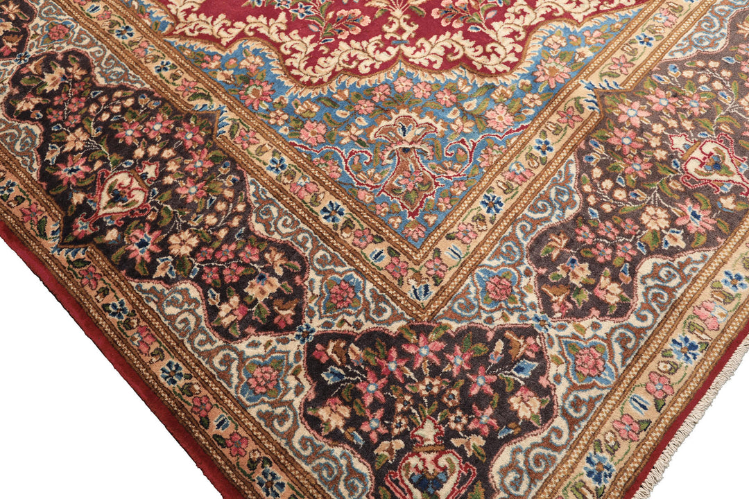 10x14 Coral, Aubergine, Aqua Color Hand Knotted Kerman Wool Traditional Oriental Rug
