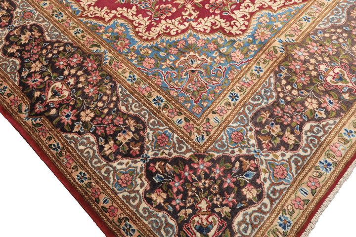 10x14 Coral, Aubergine, Aqua Color Hand Knotted Kerman Wool Traditional Oriental Rug