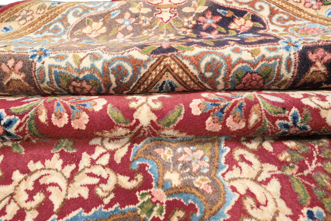 10x14 Coral, Aubergine, Aqua Color Hand Knotted Kerman Wool Traditional Oriental Rug