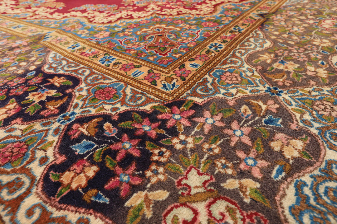 10x14 Coral, Aubergine, Aqua Color Hand Knotted Kerman Wool Traditional Oriental Rug
