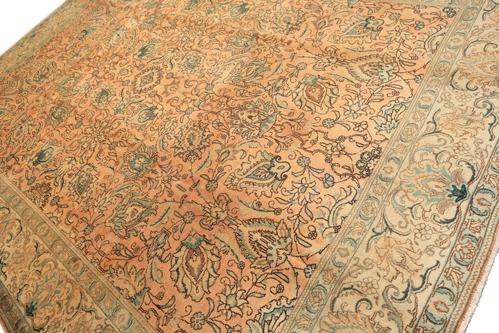 10x14 Peach, Beige, Celadon Color Hand Knotted Tabriz Wool Traditional Oriental Rug