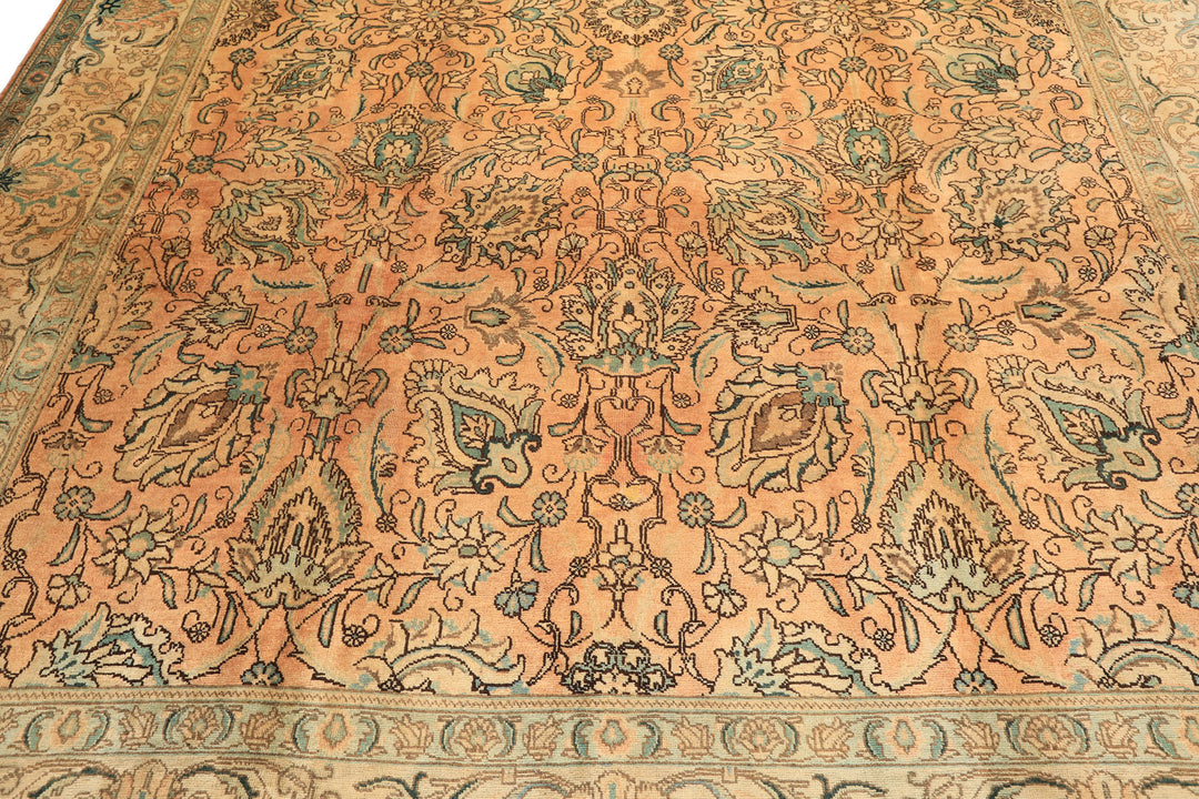 10x14 Peach, Beige, Celadon Color Hand Knotted Tabriz Wool Traditional Oriental Rug