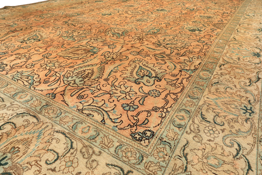 10x14 Peach, Beige, Celadon Color Hand Knotted Tabriz Wool Traditional Oriental Rug