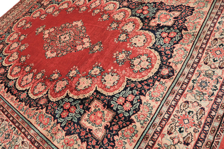 10x14 Coral, Ivory, Blush Color Hand Knotted Sarouk Wool Traditional Oriental Rug
