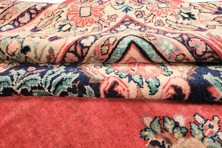 10x14 Coral, Ivory, Blush Color Hand Knotted Sarouk Wool Traditional Oriental Rug