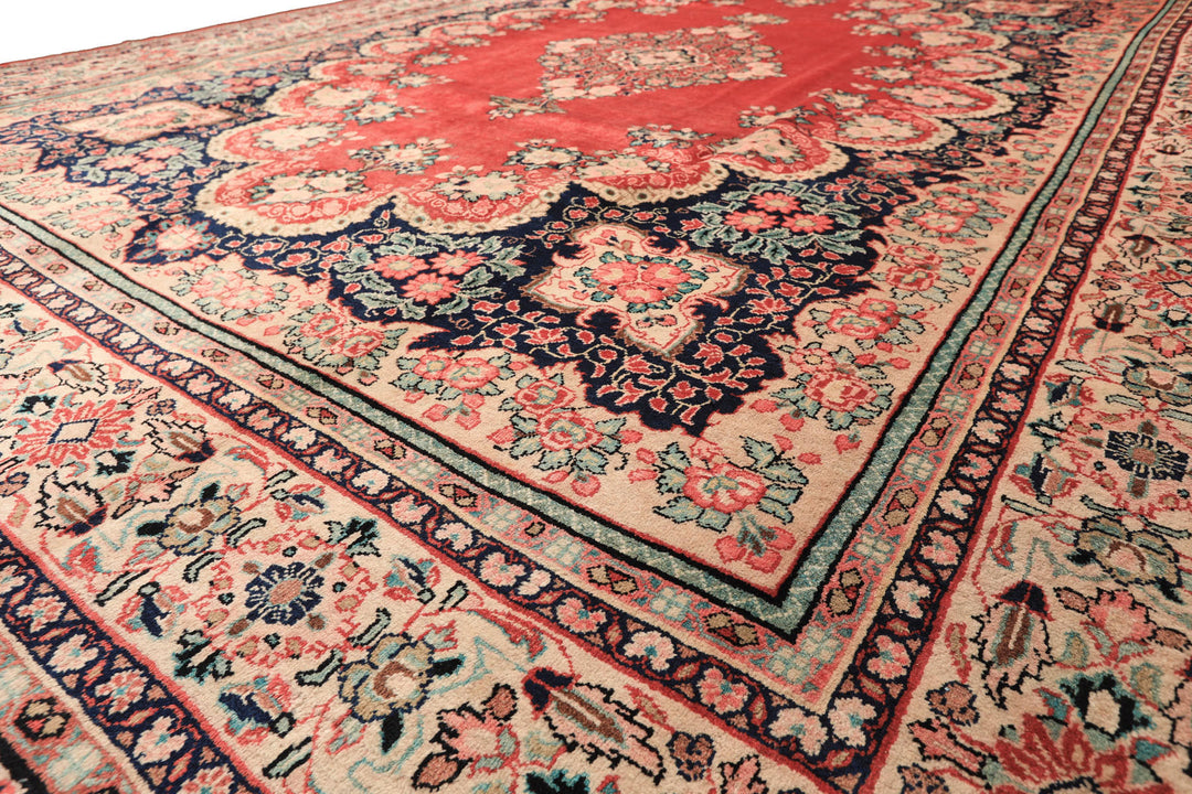 10x14 Coral, Ivory, Blush Color Hand Knotted Sarouk Wool Traditional Oriental Rug