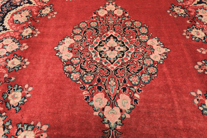 10x14 Coral, Ivory, Blush Color Hand Knotted Sarouk Wool Traditional Oriental Rug