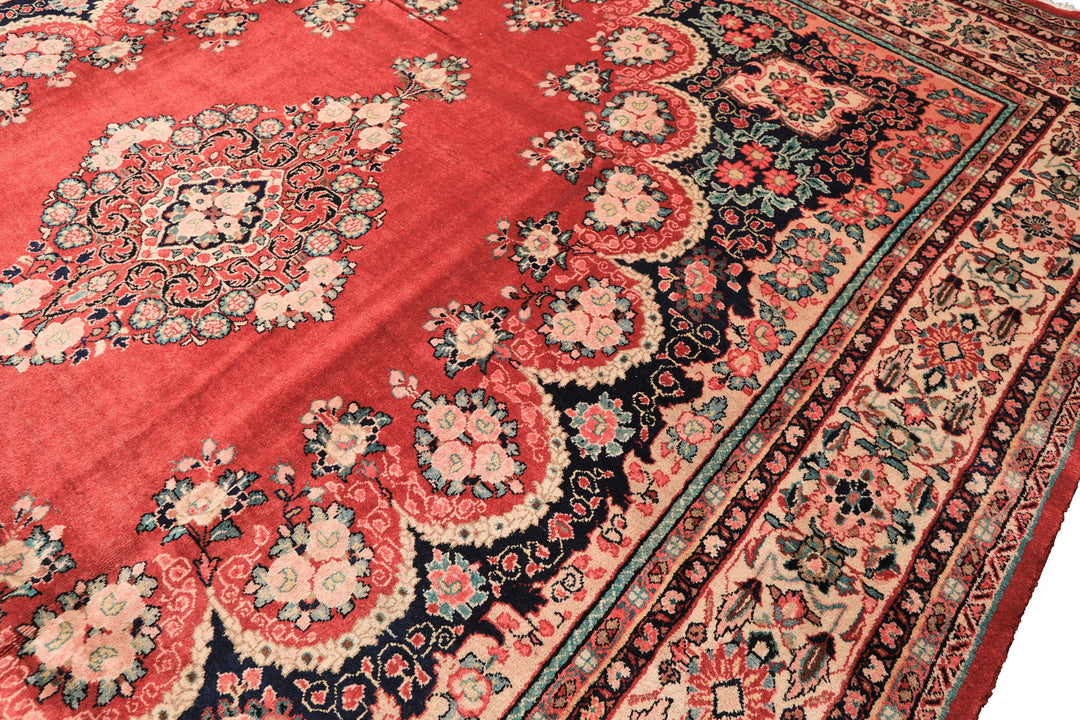 10x14 Coral, Ivory, Blush Color Hand Knotted Sarouk Wool Traditional Oriental Rug