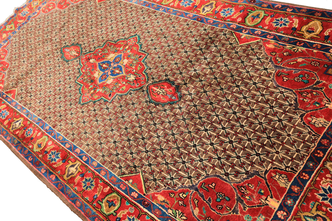 Runner Brown, Coral, Turquoise Color Hand Knotted Hamadan Wool  Oriental Rug