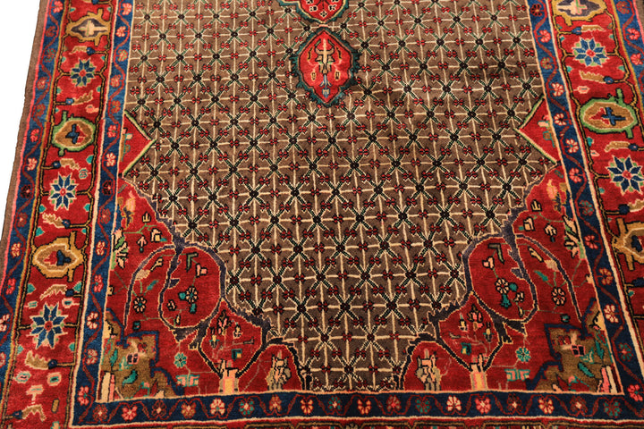 Runner Brown, Coral, Turquoise Color Hand Knotted Hamadan Wool  Oriental Rug