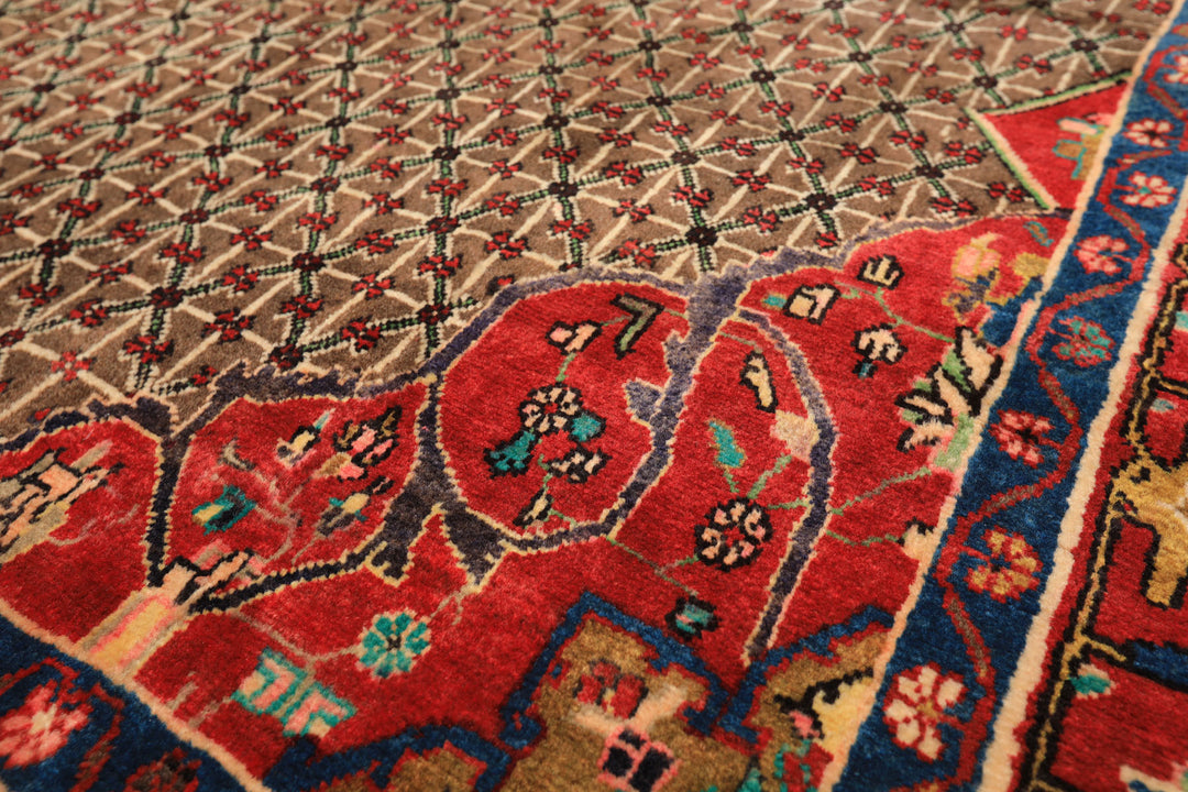 Runner Brown, Coral, Turquoise Color Hand Knotted Hamadan Wool  Oriental Rug