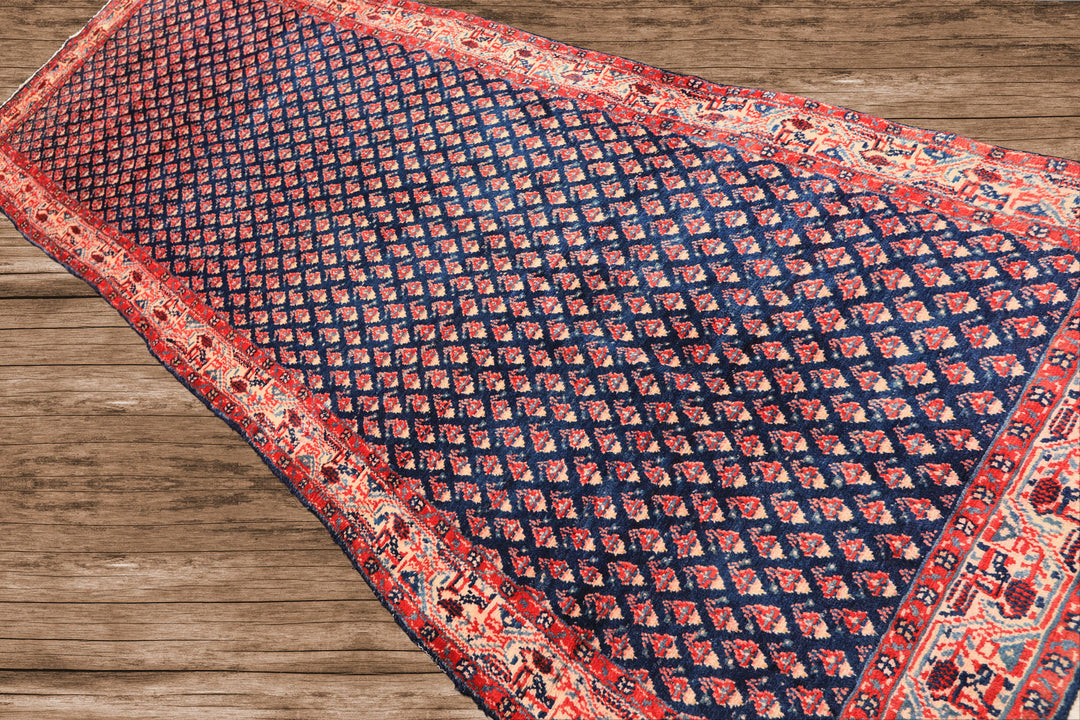 Runner Navy, Ivory, Red Color Hand Knotted Boteh Wool Traditional Oriental Rug