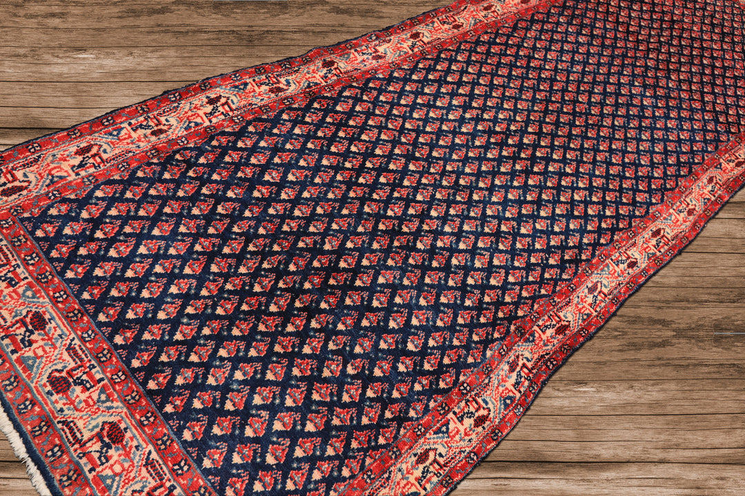 Runner Navy, Ivory, Red Color Hand Knotted Boteh Wool Traditional Oriental Rug