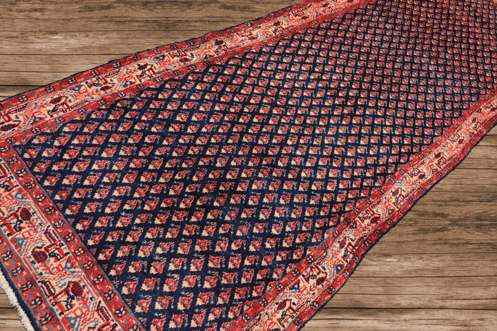 Runner Navy, Ivory, Red Color Hand Knotted Boteh Wool Traditional Oriental Rug