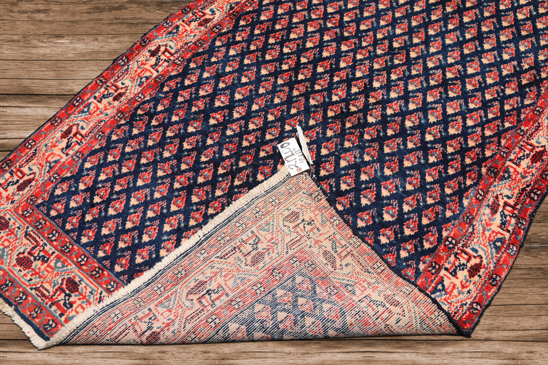 Runner Navy, Ivory, Red Color Hand Knotted Boteh Wool Traditional Oriental Rug