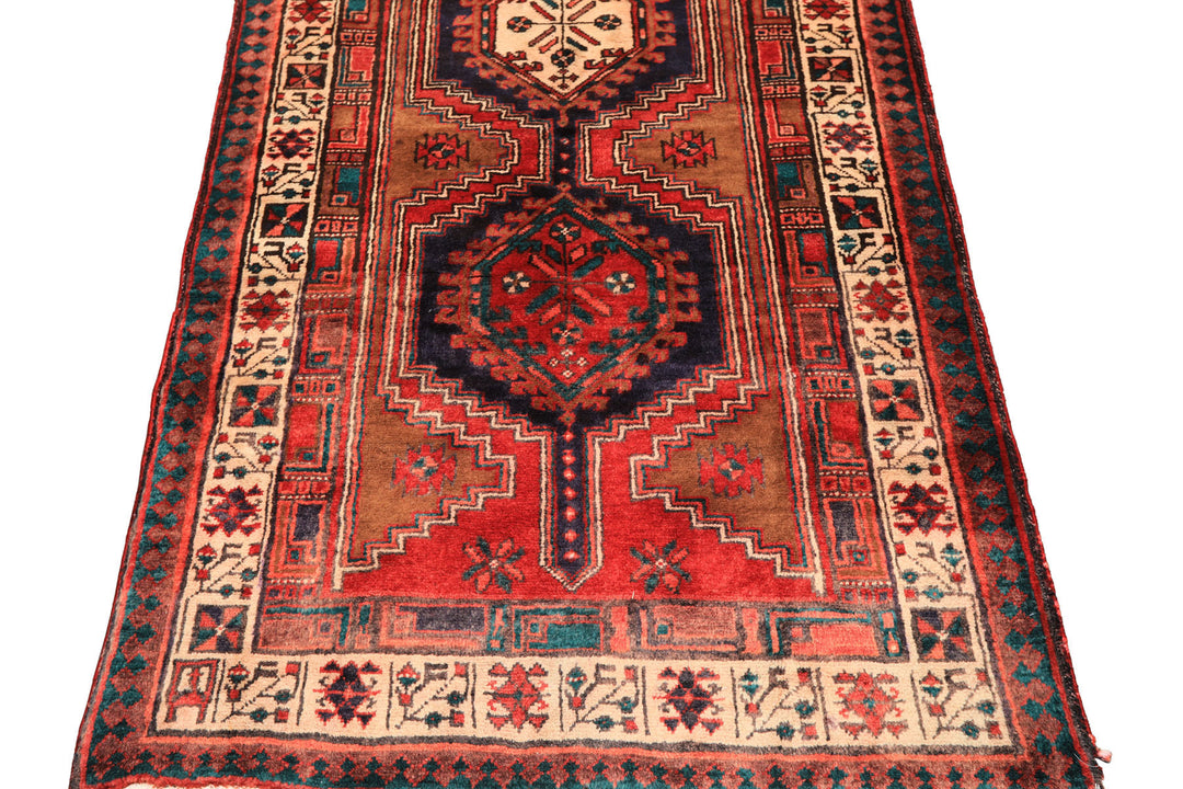 Runner Navy, Brown, Ivory Color Hand Knotted Hamadan Wool Traditional Oriental Rug