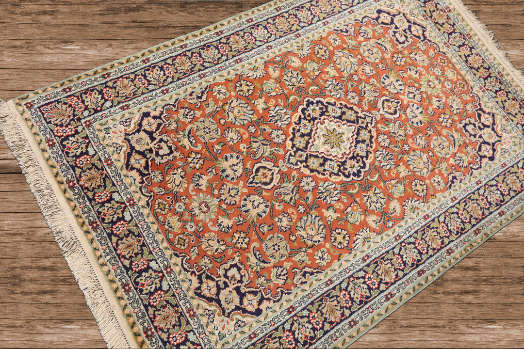 100% Silk Traditional 350 KPSI Hand Knotted Oriental Area Rug Orange Navy 3x5