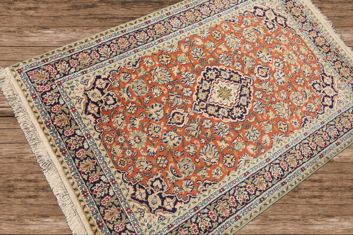 100% Silk Traditional 350 KPSI Hand Knotted Oriental Area Rug Orange Navy 3x5