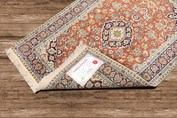 100% Silk Traditional 350 KPSI Hand Knotted Oriental Area Rug Orange Navy 3x5