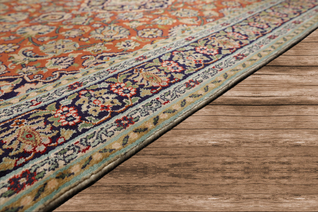 100% Silk Traditional 350 KPSI Hand Knotted Oriental Area Rug Orange Navy 3x5