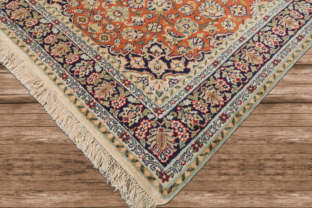 100% Silk Traditional 350 KPSI Hand Knotted Oriental Area Rug Orange Navy 3x5