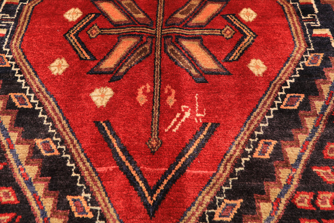 Runner Red, Charcoal, Brown Color Hand Knotted Hamadan Wool Traditional Oriental Rug