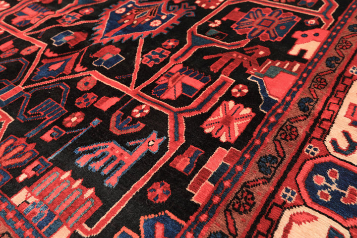 Runner Black, Red, Ivory Color Hand Knotted Heriz Wool Traditional Oriental Rug