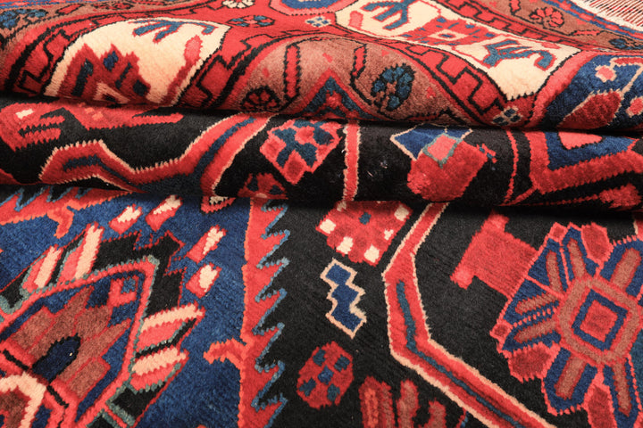 Runner Black, Red, Ivory Color Hand Knotted Heriz Wool Traditional Oriental Rug