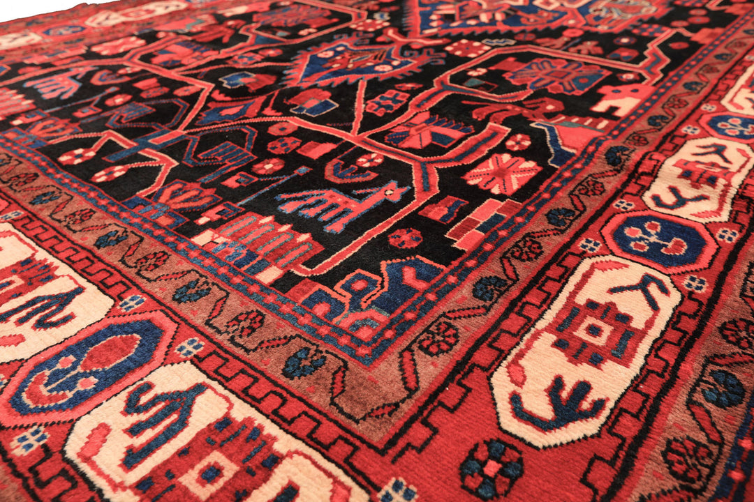 Runner Black, Red, Ivory Color Hand Knotted Heriz Wool Traditional Oriental Rug