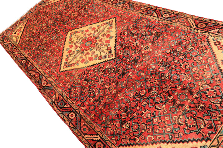 Runner Rust, Coral, Ivory Color Hand Knotted Hamadan Wool Traditional Oriental Rug
